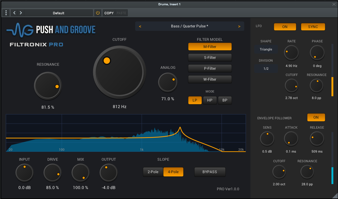 FILTRONIX Pro interface with LFO and envelope follower